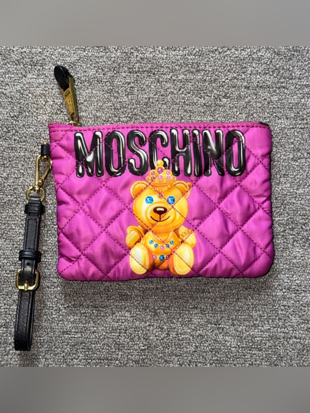 Moschino Hot Pink Quilted Teddy Wristlet with Black Strap